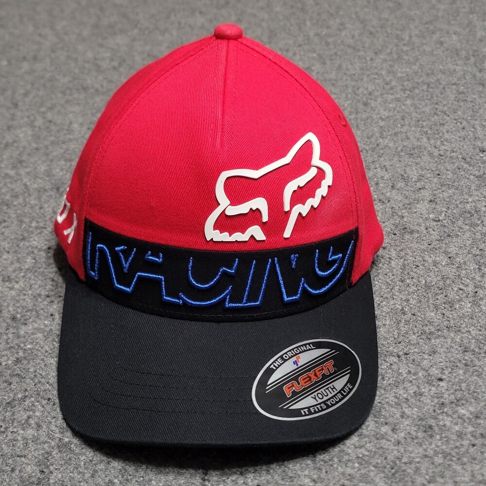 Fox Racing Hat Baseball Cap Youth Red Black Blue Skew Flexfit Fitted Boys MTB